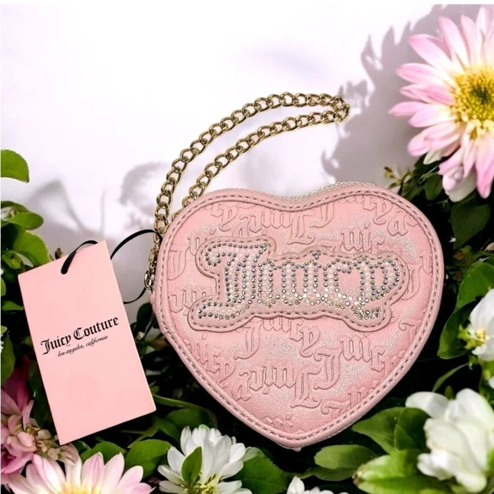 Juicy Couture Pink Diamonds & Pearls Heart Shape Logo Gold Chain Wristlet Bag